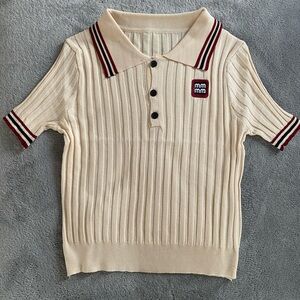 Miu Miu Cream Ribbed Polo with Red and Black Trim